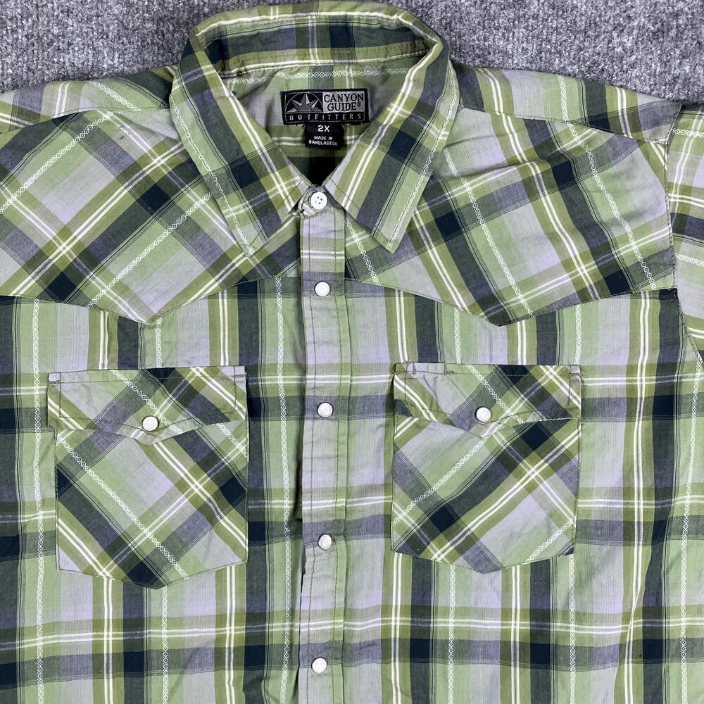 Canyon Guide Shirt Mens 2X Green Plaid Western‎ Pearl Snap Short Sleeve Cowboy
